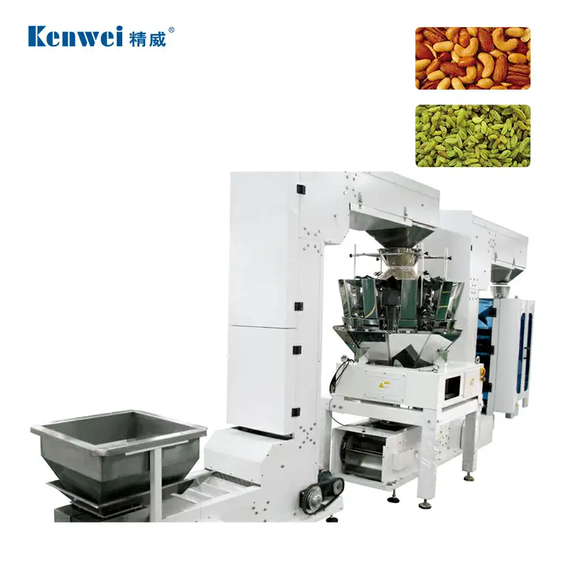 Máquina de embalagem vertical de lanches com alimentação dupla para altura de fábrica limitada 1