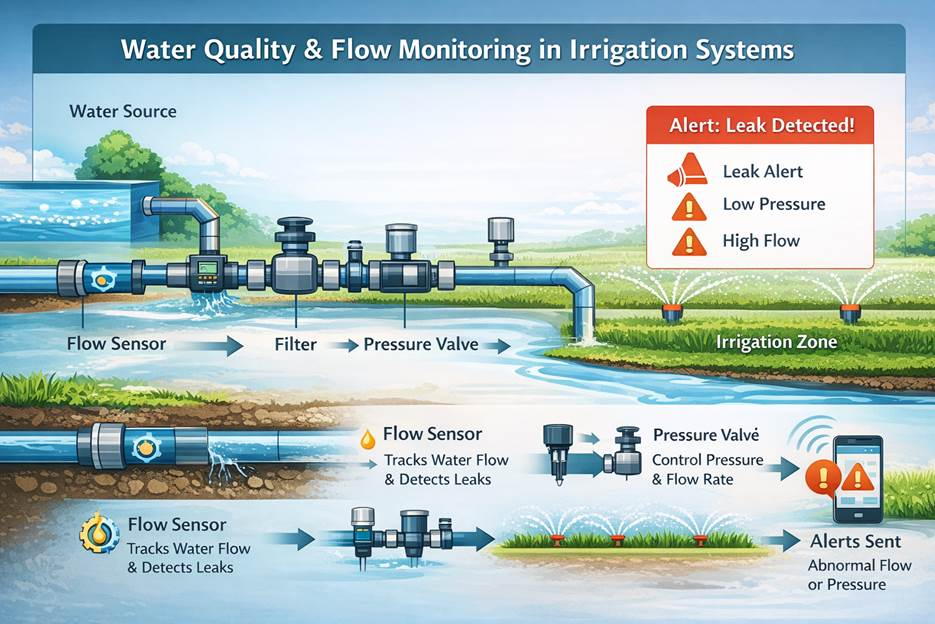 A professional diagram illustrating water flow monitoring and basic water quality control within an irrigation system
