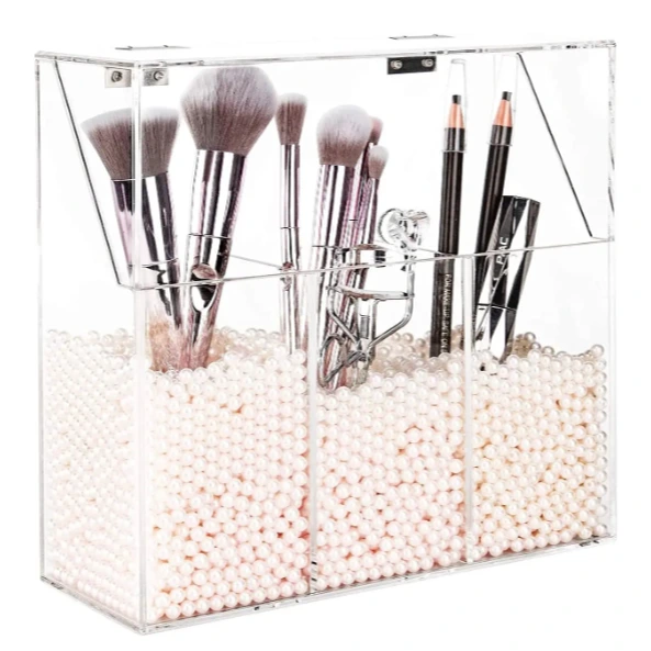 Portaescobillas de maquillaje acrílico transparente con perlas 1
