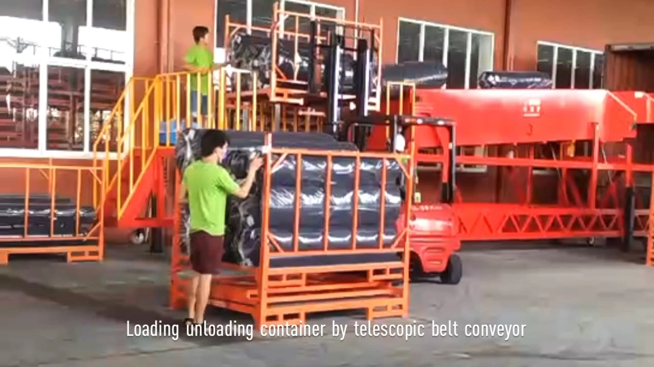 Loading Fabric rolls into 40ft containers by high chassis telescopic belt conveyor with front operator platform 1