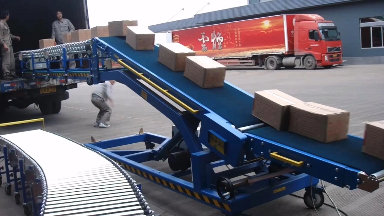 Belt conveyor for truck loading unloading cartons, boxes to warehouse 1