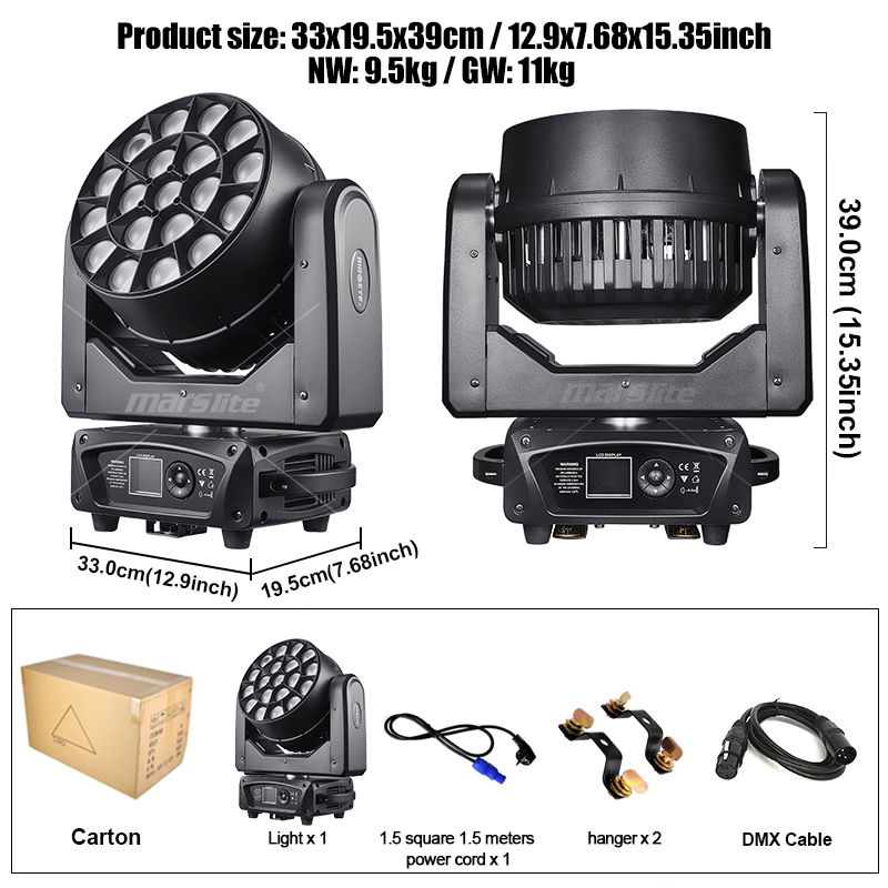 Projecteur à tête mobile LED 19x15W DMX512 RGBW 4 en 1 pour DJ, scène, mariage MS-BY1915S 7