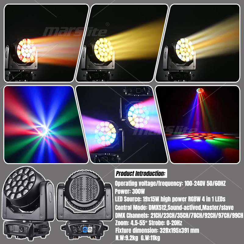 Projecteur à tête mobile LED 19x15W DMX512 RGBW 4 en 1 pour DJ, scène, mariage MS-BY1915S 6