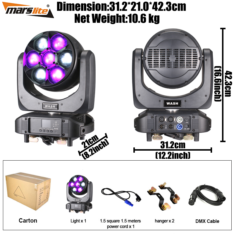 Projecteur disco à tête mobile Marslite Zoom Wash 7x60w LED, projecteur à tête mobile 7x60w Bee Eye LED Wash pour concerts et DJ. 6