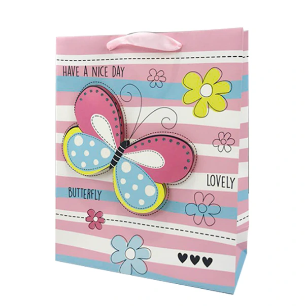 2020 Hot Selling 3D Cartoon Butterfly Flower Ivory Paper Gift bags For Kids With Ribbon Handle 1
