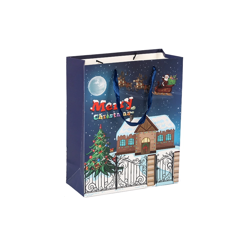 Customized Handmade Print Christmas Gift Paper Bags With Ribbon Handles 1