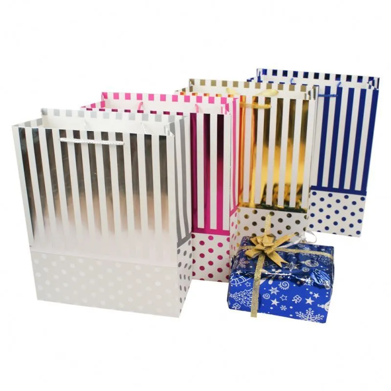 High quality gift packaging paper bags glitter stripes paper gift bags with handle 1