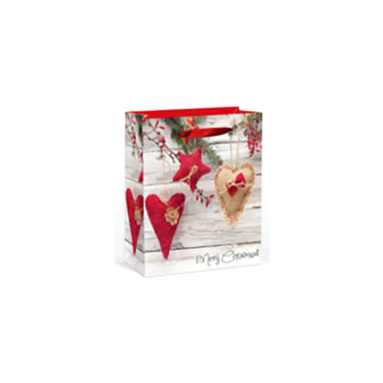 New Disposable Loving Heart Varnishing Christmas Coated Paper Gift Bags With Red Handle 1