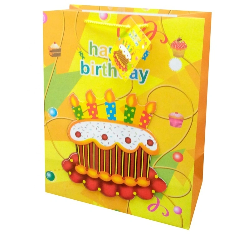 Embossing Reusable Double Handle Yellow Happy Birthday Paper Gift Bags 1