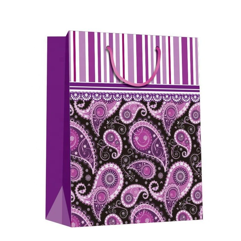 Promotional Luxury Durable Purple Handmade Stripe Gift Paper Bag With Rope Handles 1