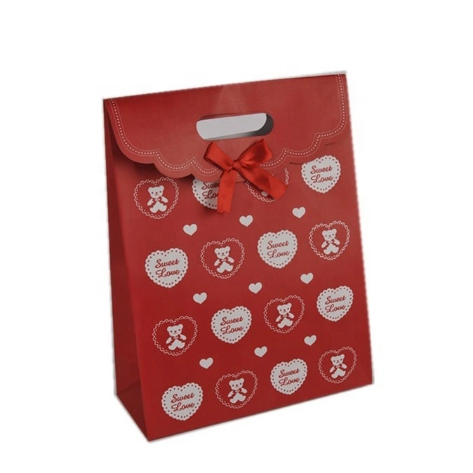 Latest Design Foldable Sticker Heart Print Children Red Bowknot Gift Paper Gift Bags 1
