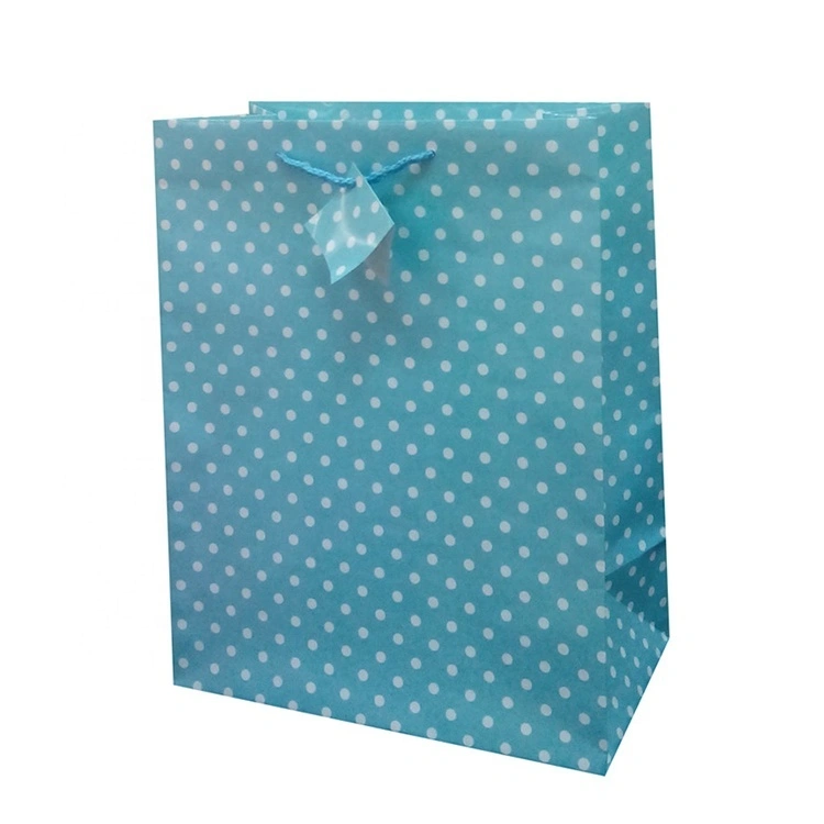La coutume recyclable a imprimé le sac bleu de cadeau de papier d'emballage d'achats avec des points, sac de vin de papier promotionnel 1