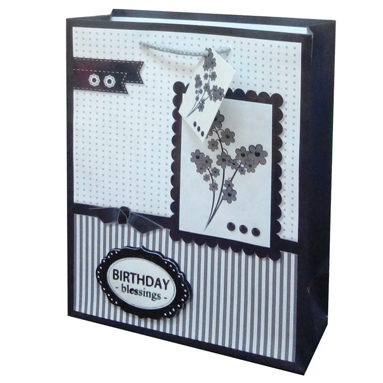 Hot Sale Rectangle Black Kraft Paper Bags With 3D Flower For Birthday 1