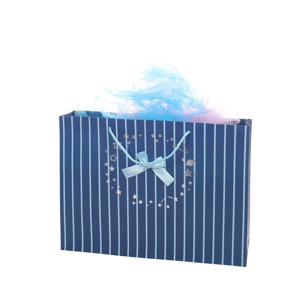 Simple Hot Sell Blue Striped Paper Bag With Handles Shopping Merchandise Party Gift Bags 6