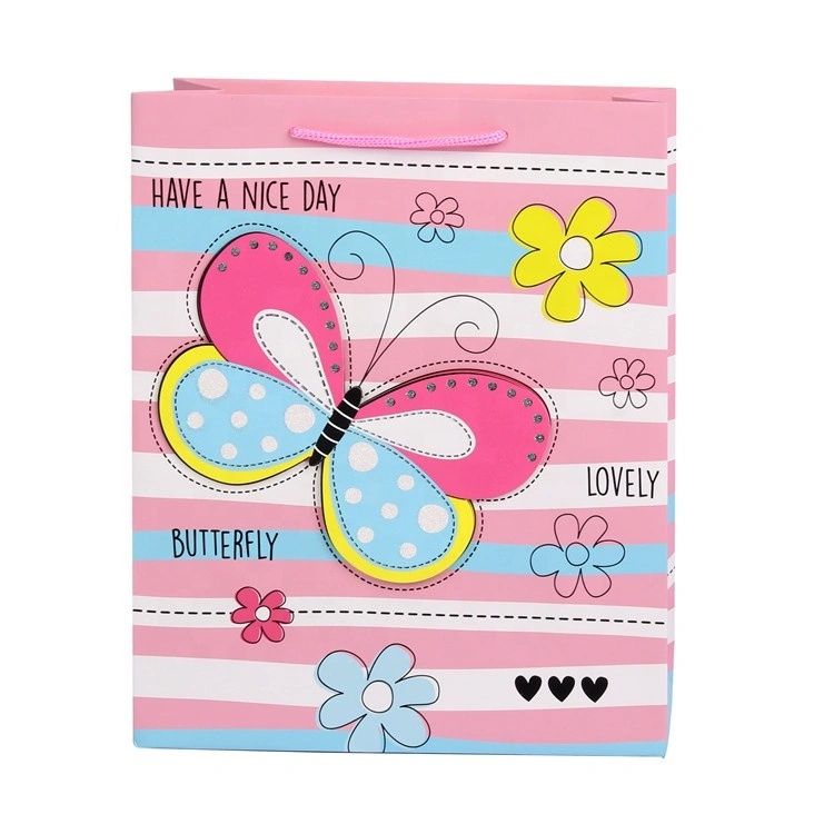 Wholesale Custom Creative Design Wide Bottom Eco-friendly Cartoon Flower Printed Gift Wrapping Paper Bags For Kids 1