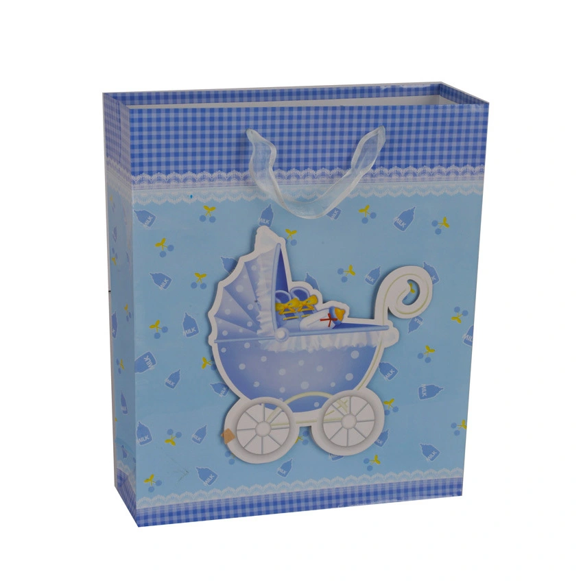 Unique Design Double Handle Embossing Blue Pram Paper Gift Bag For Baby 1
