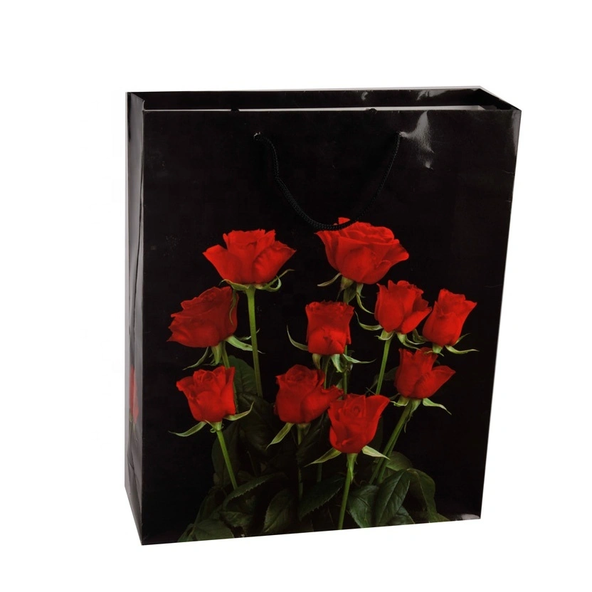 Wholesale Luxury Red Rose Printed Eco-friendly Black Paper Gift Bags With Handles 1