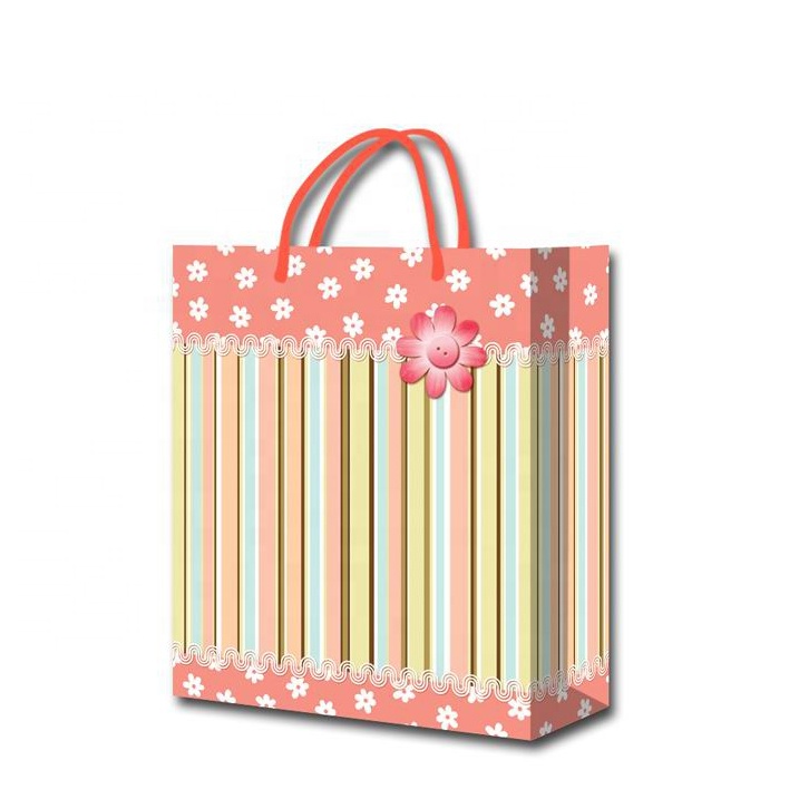 Wholesale Custom Flower Printed Eco-friendly Baby Shower Pink Gift Paper Bags With Handles 3