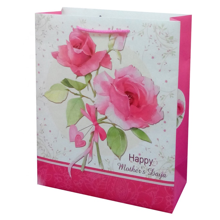 Hot Sale Rectangle Printing Rose White Kraft Paper Bags Grocery Bags For Shopping 1