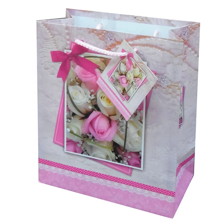 Hot Sale Rectangle Printing Rose White Kraft Paper Bags Grocery Bags For Shopping 5