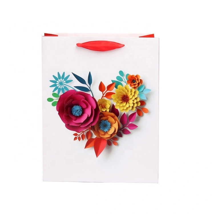 2018 vendita calda personalizzato nuovo design fatto a mano fiori colorati 3D borse di carta per lo shopping fantasia ecologiche con manici in corda 1