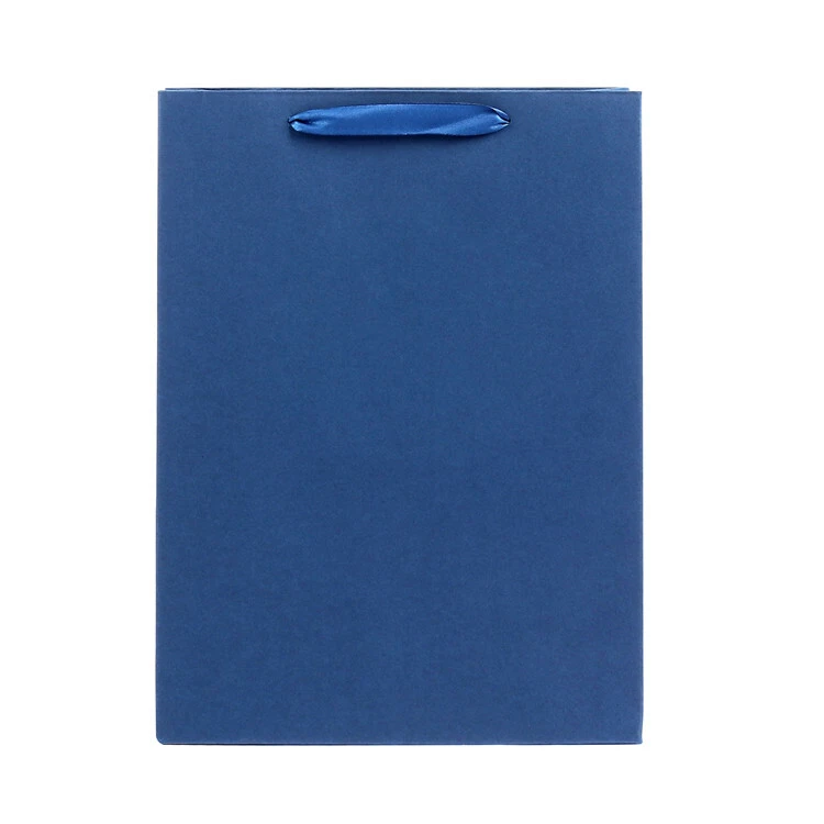 Borsa per la spesa in carta kraft quadrata blu stampata a mano semplice di vendita calda con manici 1