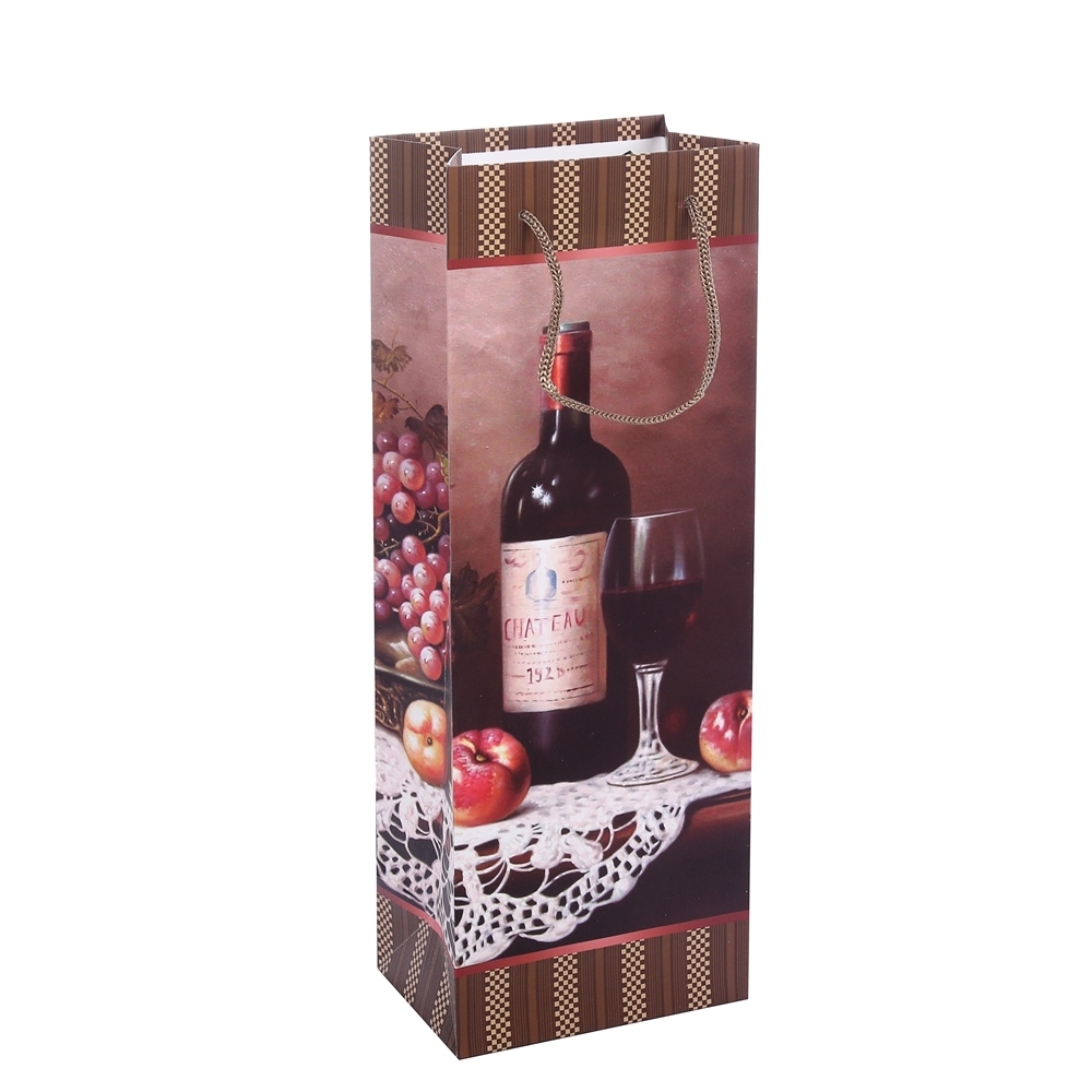 Hot Sale Rectangle Printing Wine Brown Kraft Paper Bags With Rope Handle 1