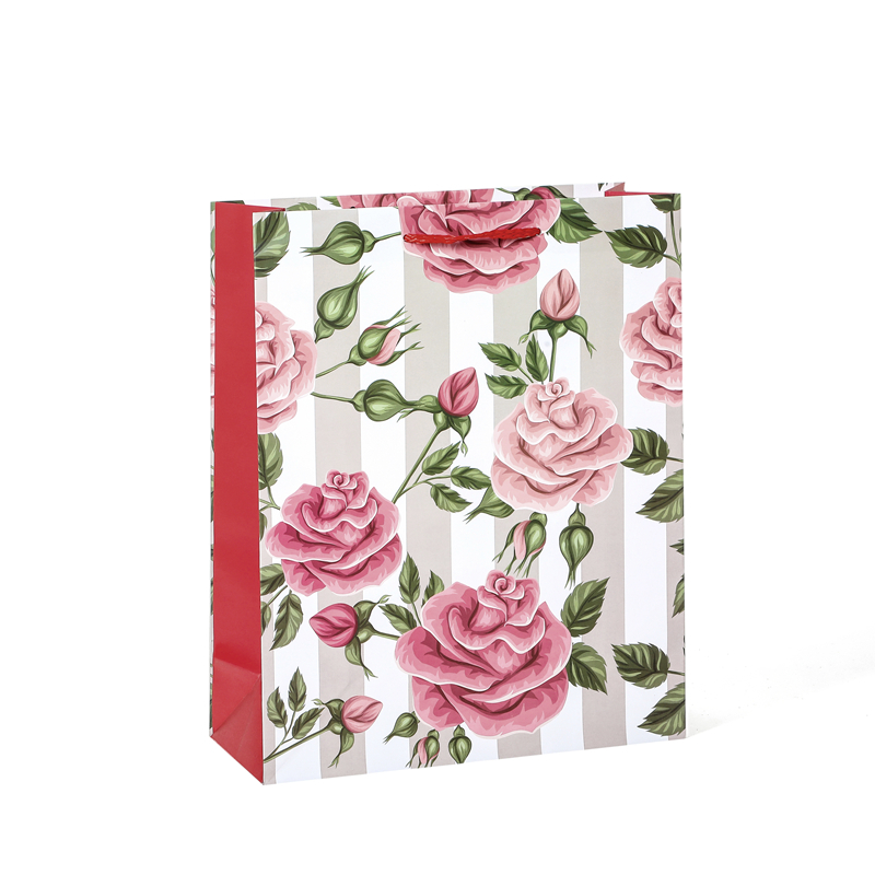 High Quality Romantic Pink Roses Coated Paper Matt Lamination Gift Bag With Handle 1