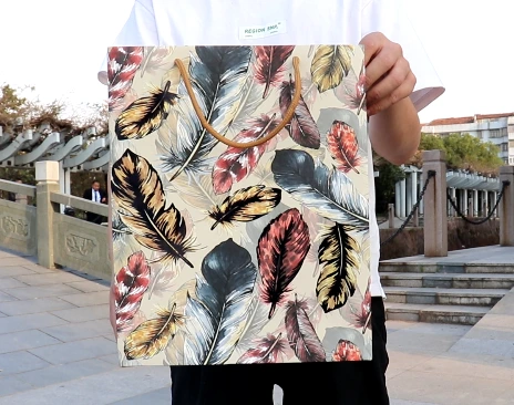 Sac en papier cadeau en papier ivoire pliable, plumes de haute qualité, vente en gros, avec poignée 1
