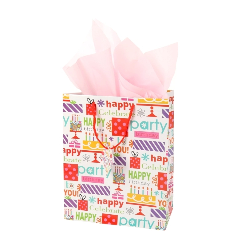 Shopping bag regalo in carta artistica da 157 g di buon compleanno con etichetta 1