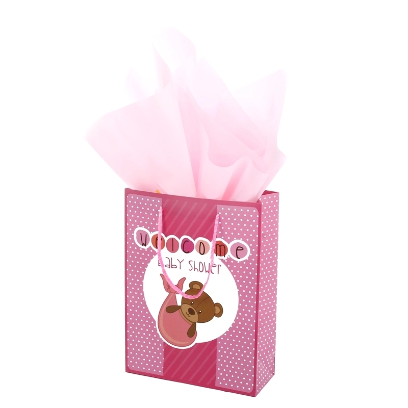2020 New Design 157g coated paper baby shower pink color gift shopping bag 1
