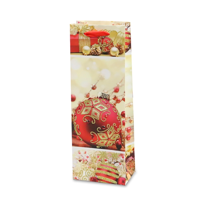 Manufacturer Wholesale Christmas Glittering Wine Paper Bag With Ribbon Handle 1