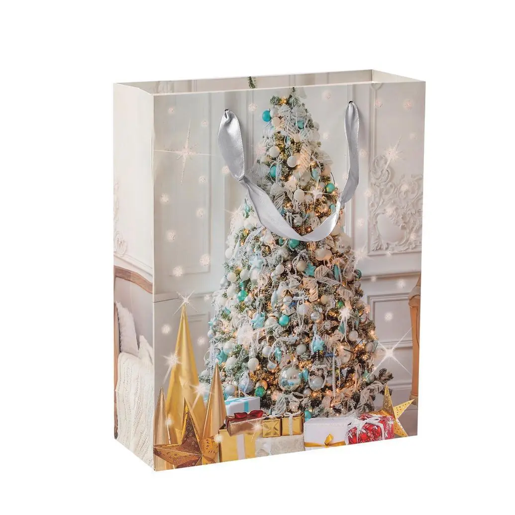 Sac en papier ivoire avec poignée en ruban, vente en gros, finition scintillante de haute qualité, cadeau de noël 1