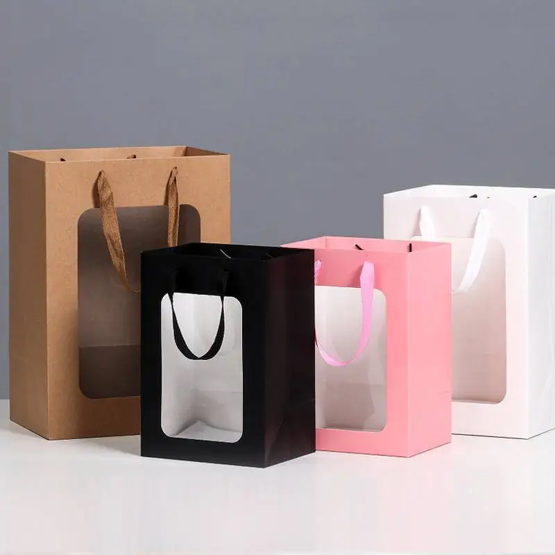 Customize Paper Gift Bags Packaging with transparent pvc Window&ribbon handle 1