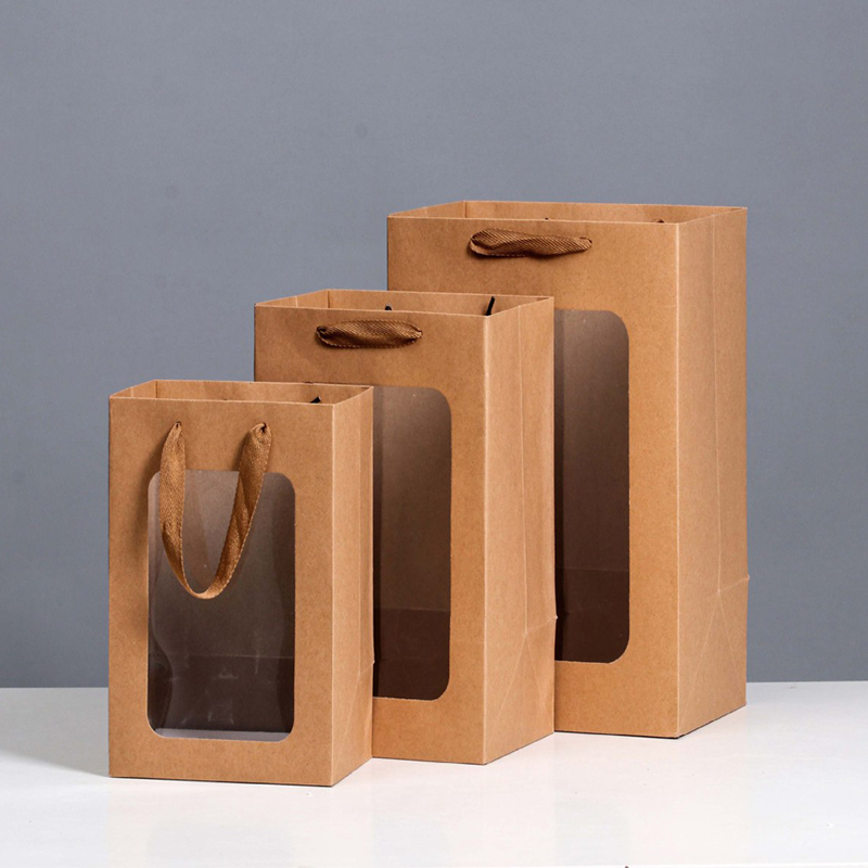 Customize Paper Gift Bags Packaging with transparent pvc Window&ribbon handle 8