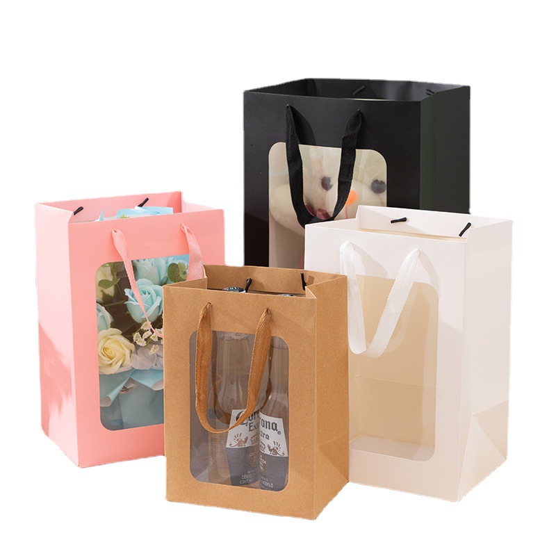 Customize Paper Gift Bags Packaging with transparent pvc Window&ribbon handle 2