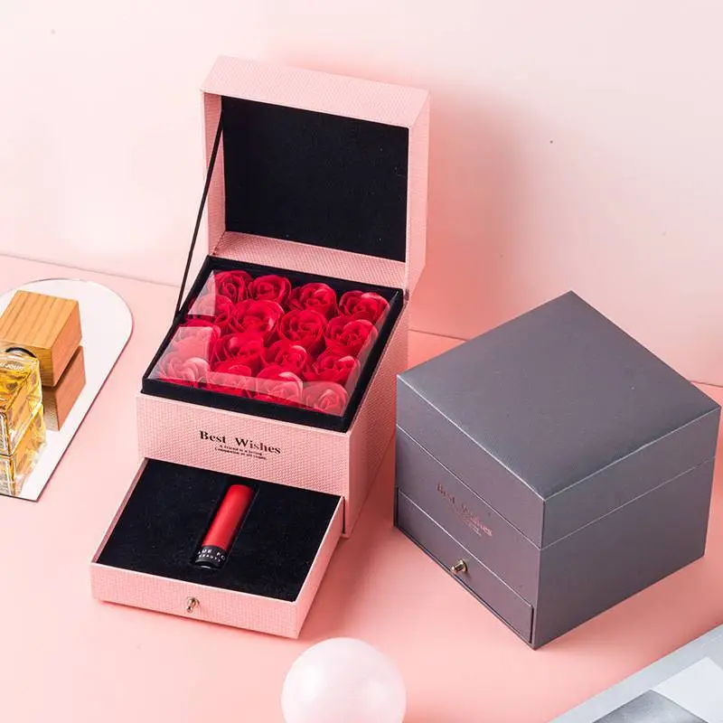 Caja cuadrada creativa para pintalabios, caja de regalo para anillo y collar con rosa de jabón, caja de regalo para el día de la madre y el Día de San Valentín 1