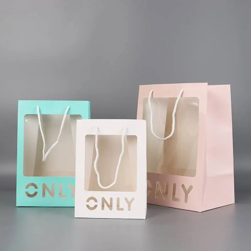 Hot Sale Shopping Gift Bag Ivory Paper Pvc Window With Special Color Pringting 1