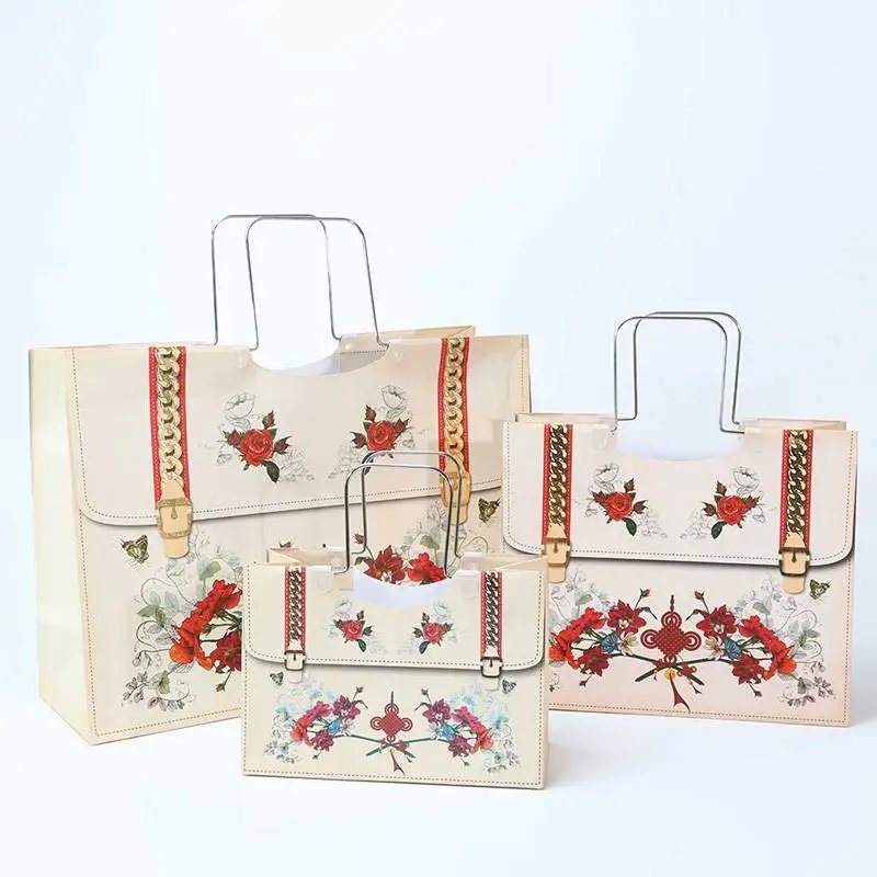 New Simulated Leather Paper shopping Bags Wholesale With Metal Handle 1
