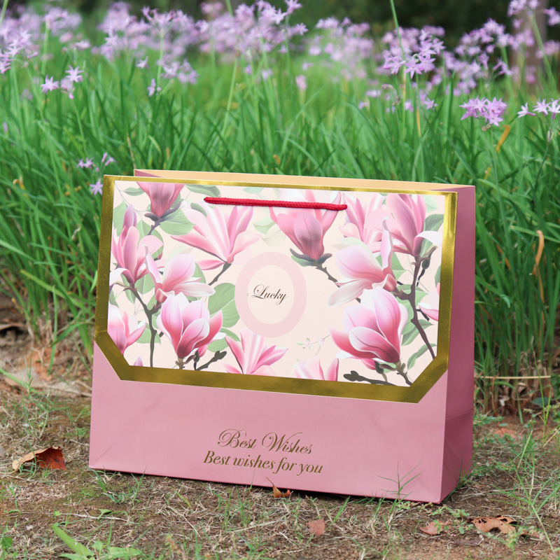 Luxury Pink Magnolia Paper Shopping Bags with logo