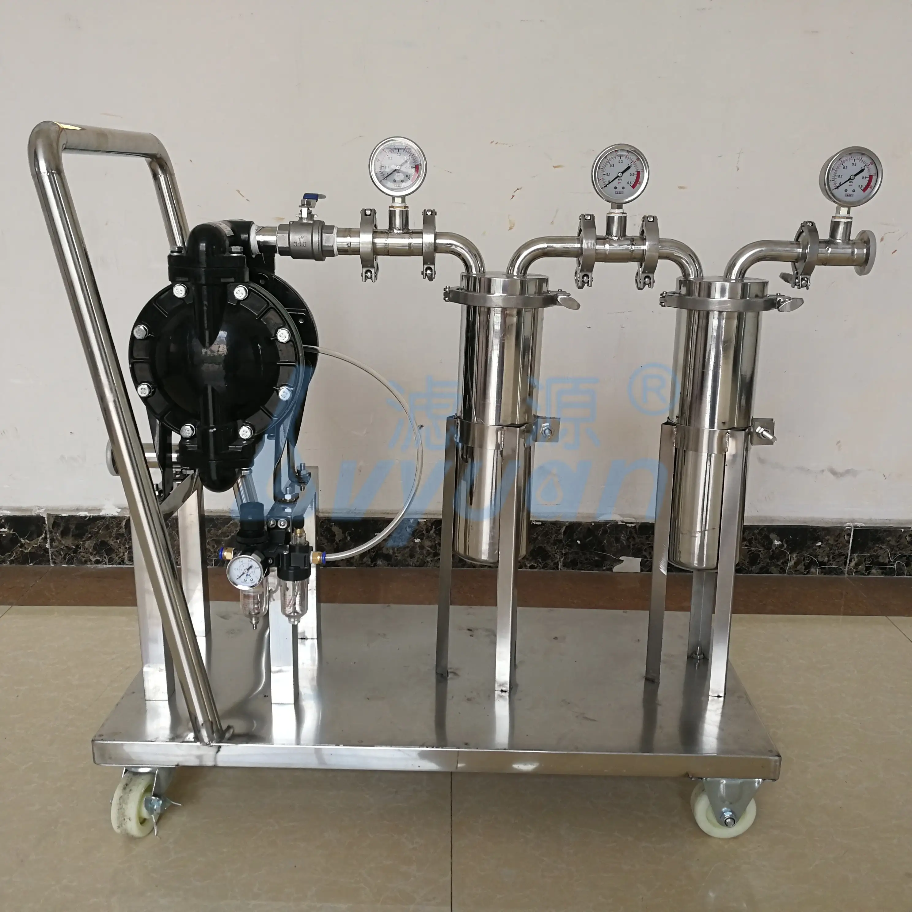 Wine/Oil/Ethanol/Liquid Filter Machine Stainless Steel Duplex Bag/Cartridge Filters with Diaphragm Pump Cart 1