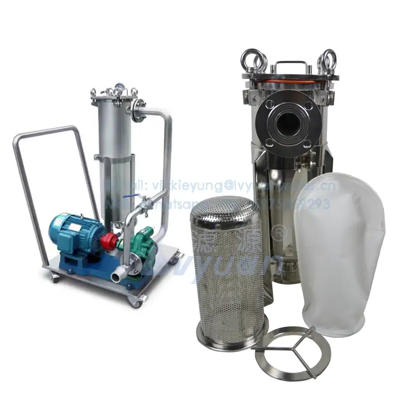 Quick swing bolt industrial 25T/H stainless steel case 304 316L bag oil filter housing with SS 304 wheel truck 1