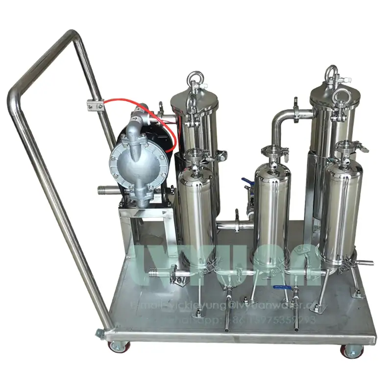 Hand trolley stainless steel 10 microns housing filter 1~7 stage 304 316L cartridge water filter system with gas air driven pump 1