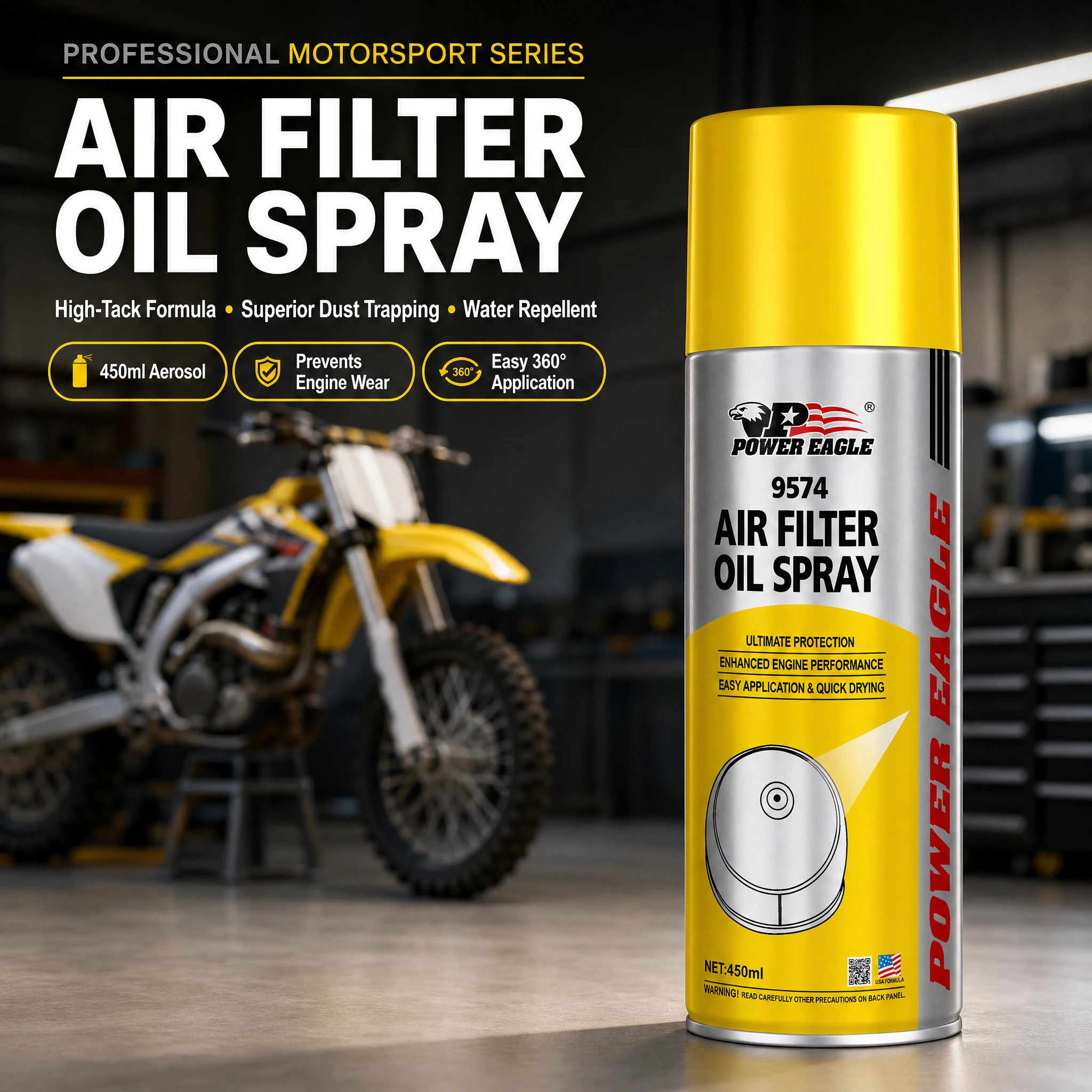 POWER EAGLE 450ml Aerosol Aceite para Filtro de Aire, Espuma de Alta Adherencia y Aceite Limpiador de Telas para Motocicleta, ATV y Moto de Campo 1
