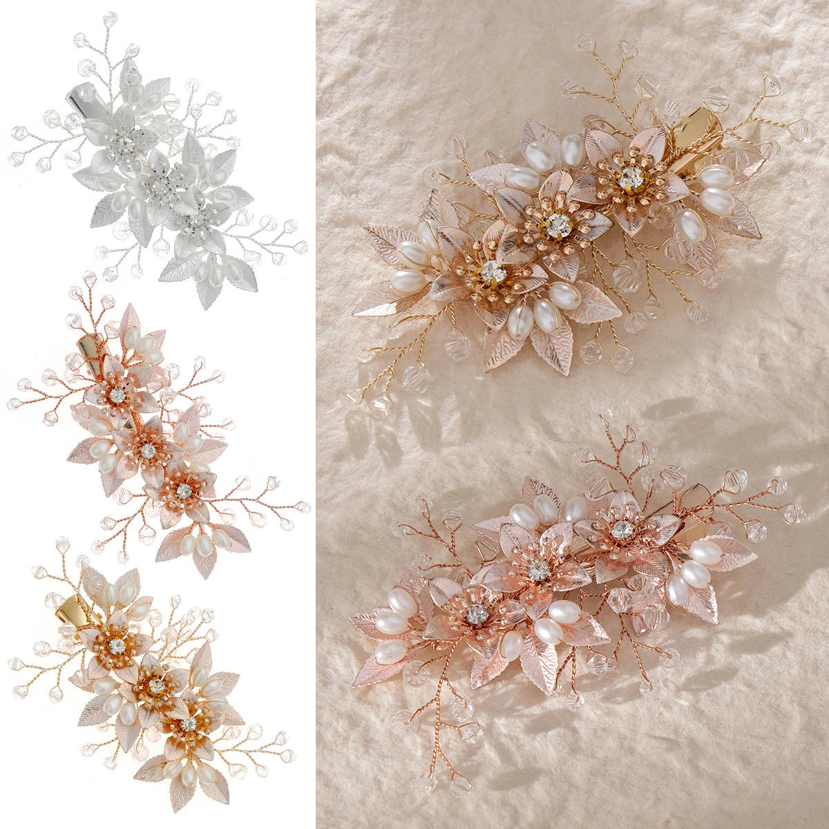 Fashion Ins style Handmade Alloy Flower Hair Clip Bride Rhinestone Pearl Hair Accessories 1