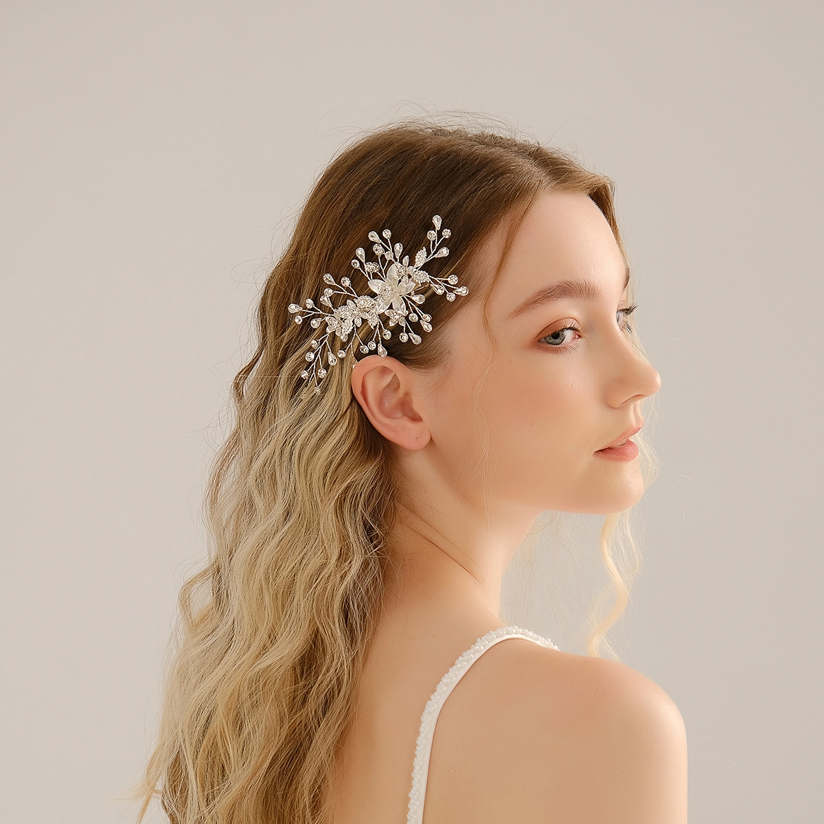 Fashion Minimalist Rhinestone Hair Accessories Exquisite Handmade Metal Flower and Leaf Side Clip 1