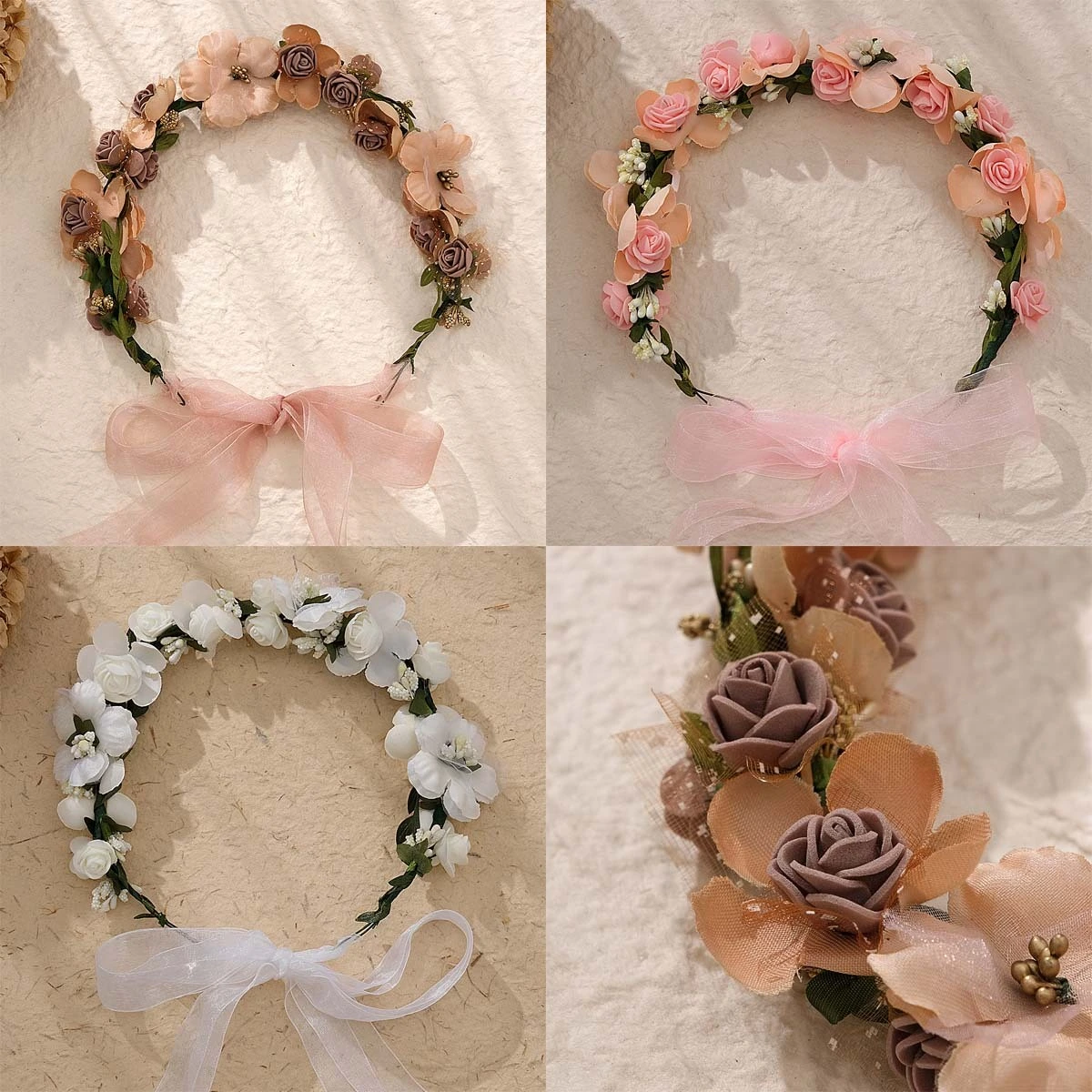 Delicate Bridal Wedding Headband Colorful Handmade Fabric Rose Flower Crown 1