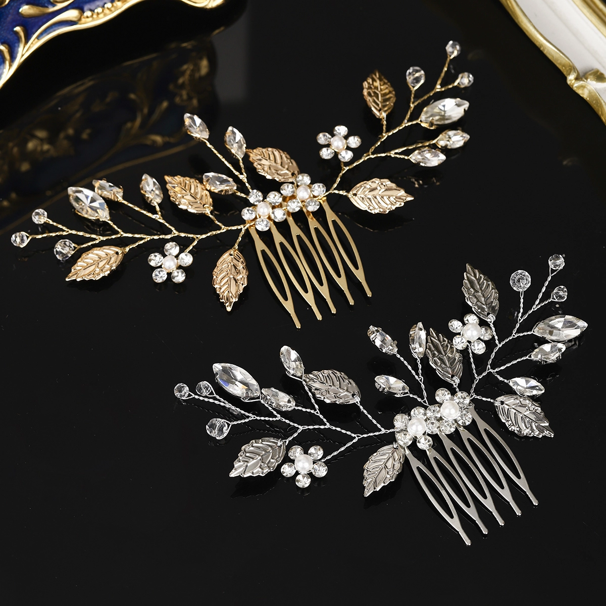 New Simple Handmade Rhinestone Flower wholesale Hair Comb Bridal Wedding Metal Leaf Hair Accessories 1