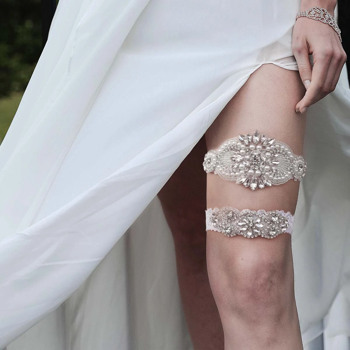 Miallo 2 pcs/set White Lace Elastic Leg Chain Band Rhinestone Pearl Ladies Wedding Leg Band 1