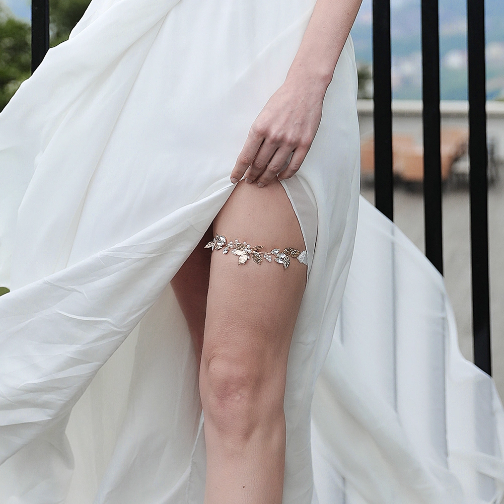 Exquisite Handmade Metal Flower Leaf Bridal Leg Band Fashion Elegant Rhinestone Imitation Pearl Leg Band 1